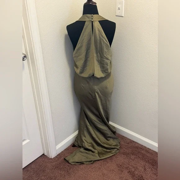 ASOS Edition Olive Green Satin Maxi Gown Dress Halter Open Back Bridesmaid 8 - Picture 5 of 11